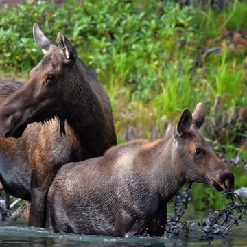 Jasper's Moose mother takes her baby to play in the water