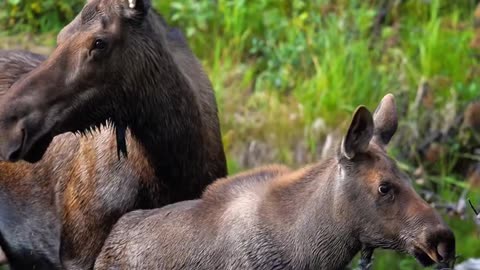 Jasper's Moose mother takes her baby to play in the water
