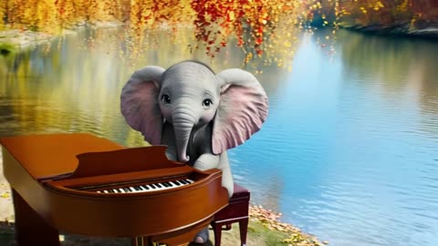 Adorable Baby Elephant Plays Piano by Sparkling River with Falling Autumn Leaves