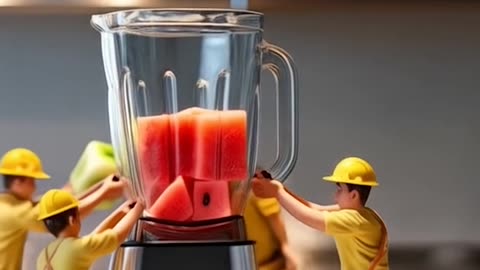 Miniature people standing around a blender