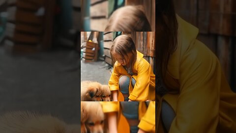 Girl feeds dogs on the street