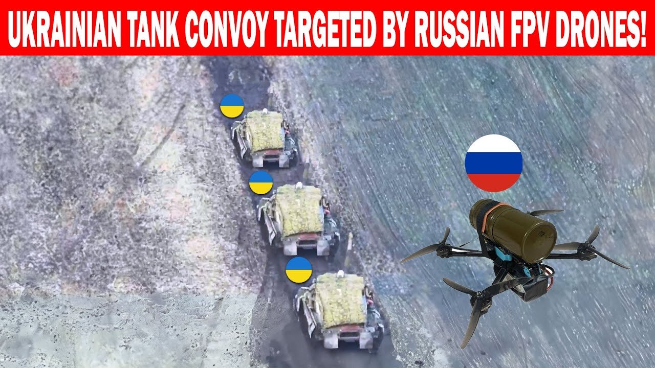 Ukrainian Tank Convoy Ambushed by Russian FPV Drones – Direct Hits!
