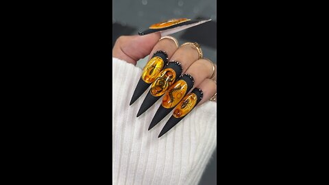 Black Almond Nails Art 🖤 | Orange Circle with Scorpion Design | Unique Luxury Nail Art 💅🔥