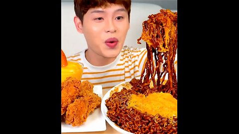 Korean noodles with cheese, fried chicken, U-shaped sausage, fried chicken skin, fried dumplings
