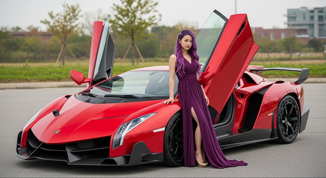 A East asian Girl with A Purple Dress also standing next to a A Red Lamborghini Veneno