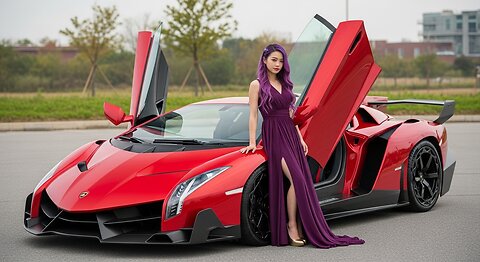 A East asian Girl with A Purple Dress also standing next to a A Red Lamborghini Veneno