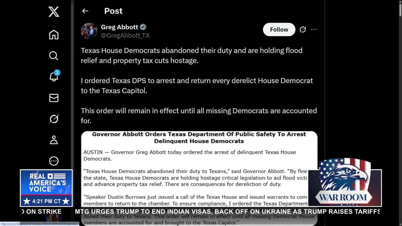 GOV. ABBOTT ORDERS THE ARREST OF DELINQUENT HOUSE DEMOCRATS