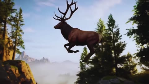Majestic Leap: Deer Jumps Across Mountain Path in Breathtaking Moment"