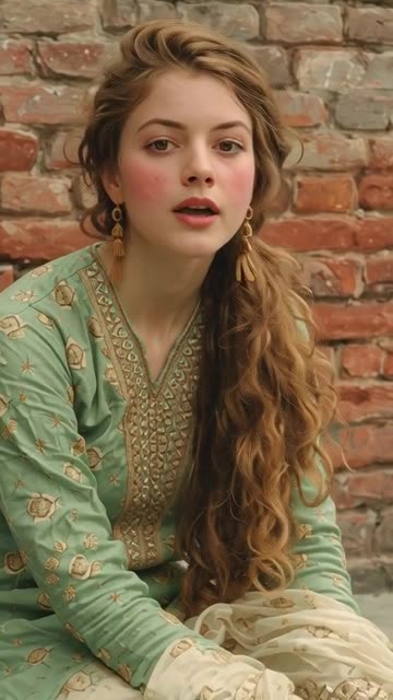 A realistic portrait of a young woman with fair skin and striking light brown eyes, featuring long