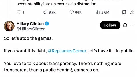 Hillary Clinton Dares James Comer To Hold A Public, Televised Epstein Hearing