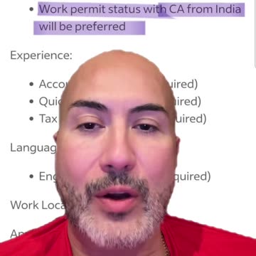 Job description: Work permit status with CA from India will be preferred