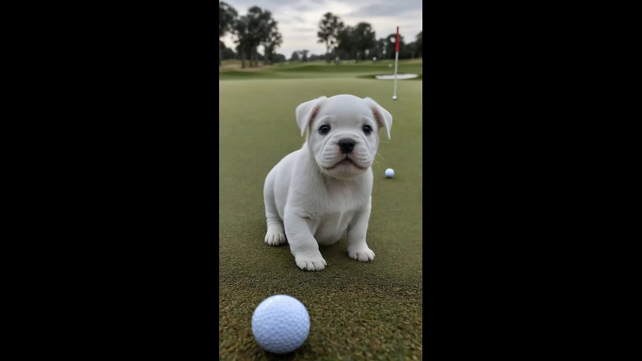 adorable bulldog plays golf
