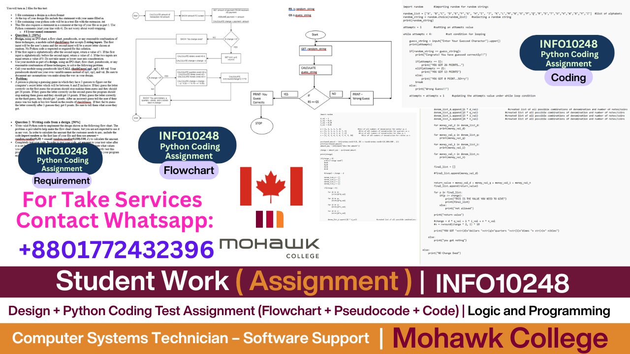 Client Work (Assignment) | INFO10248 Python Logic Test with Flowchart & Pseudocode |Mohawk College