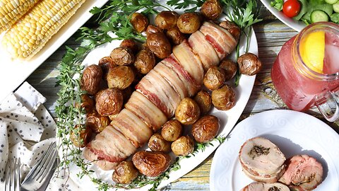 Bacon-Wrapped Pork Tenderloin with Mushroom Stuffing and Baby Potatoes