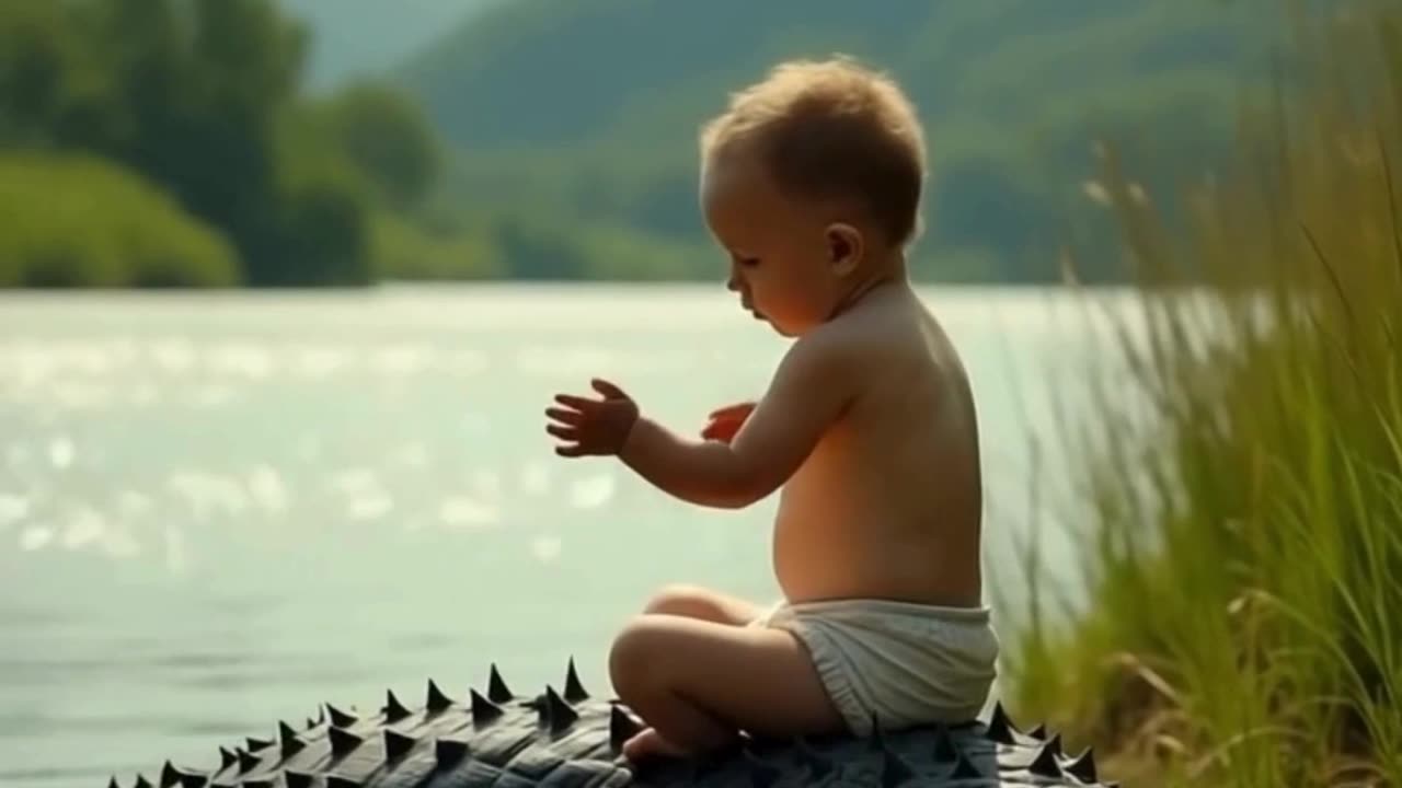 Fearless Innocence Baby Rides an Alligator by the River