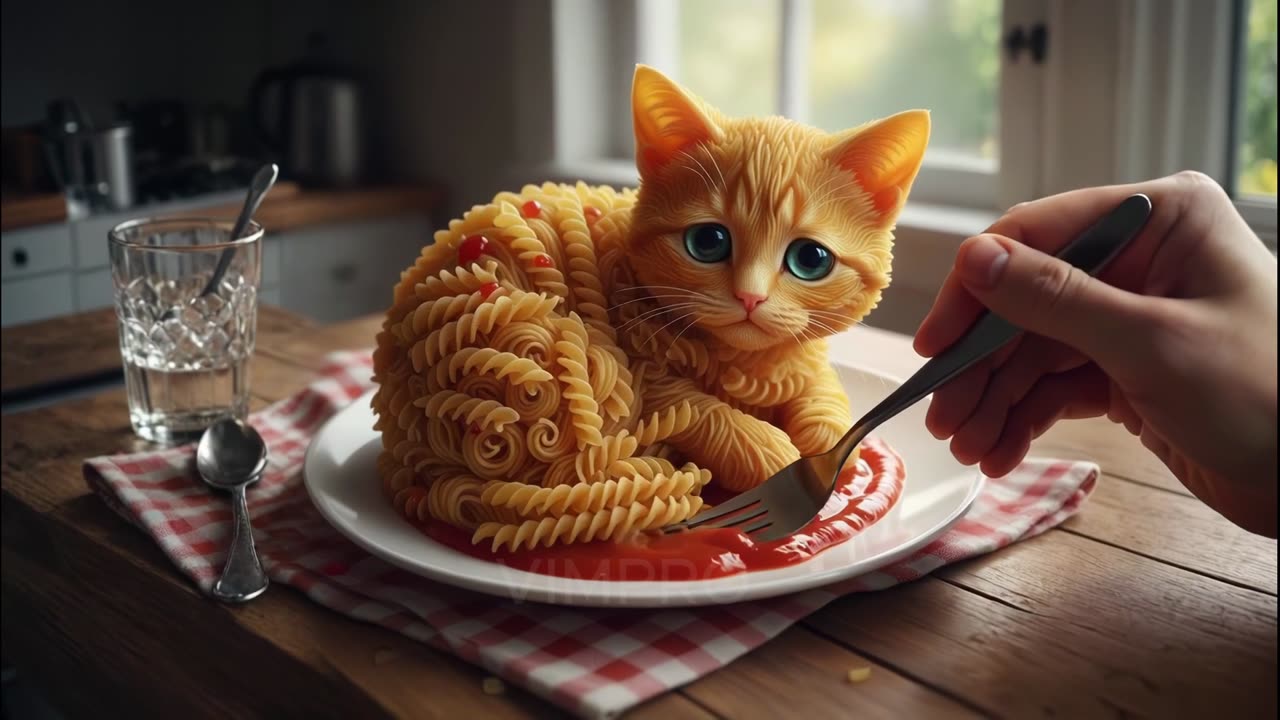Kitten, macaroni, pasta art, coil, paw shake, glitch, drool.
