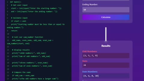 Python magic! 🧮✨ Find the sum of odd & even numbers in a range. Try it yourself! 💻