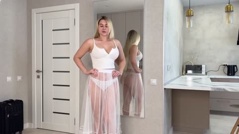 Transparent long white skirt Lingerie Sets Try On