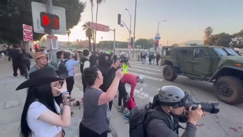 Military vehicles in Downtown Los Angeles.
