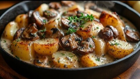 Creamy mushroom pan with potatoes and herbs. Simple vegan & truly cozy.😍🥰