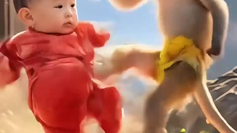 healthy little baby boy fighting with monkey