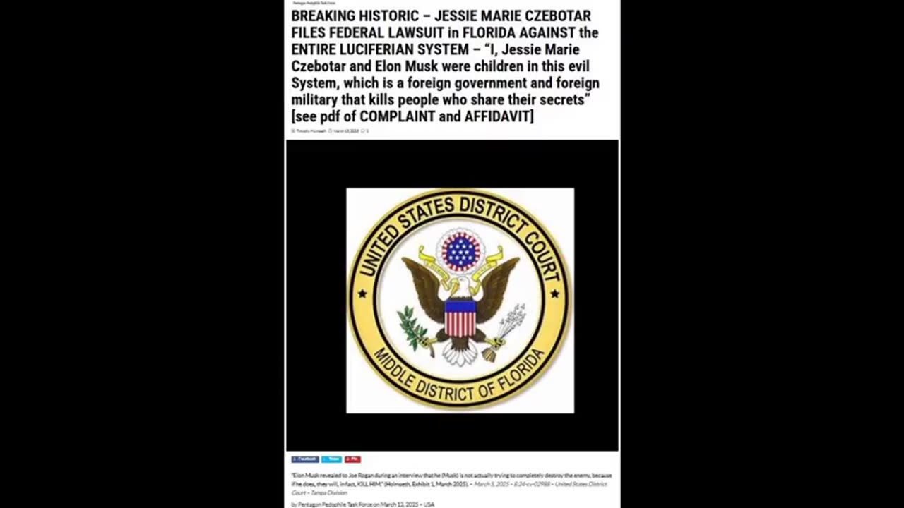 “I, Jessie Czebotar & Elon Musk were children in this evil System which is a foreign government and foreign military that kills people who share their secrets” [Complaint & Affidavit below] 8:24-cv-02988 – US Court, Florida, Tampa Division