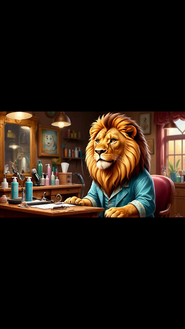 the cat cuts the lion's hair and laughs at it