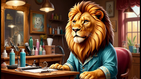 the cat cuts the lion's hair and laughs at it
