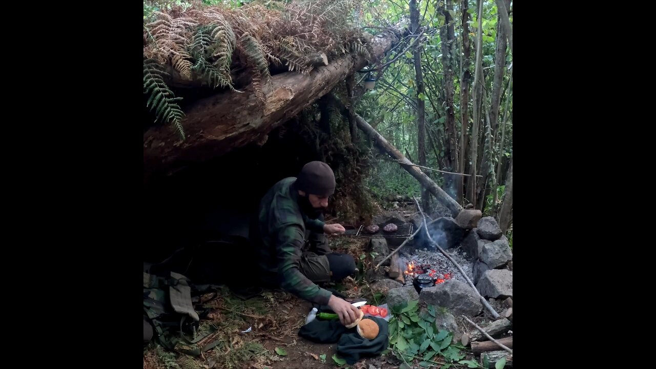 survival camping and beef cooking in the wilderness