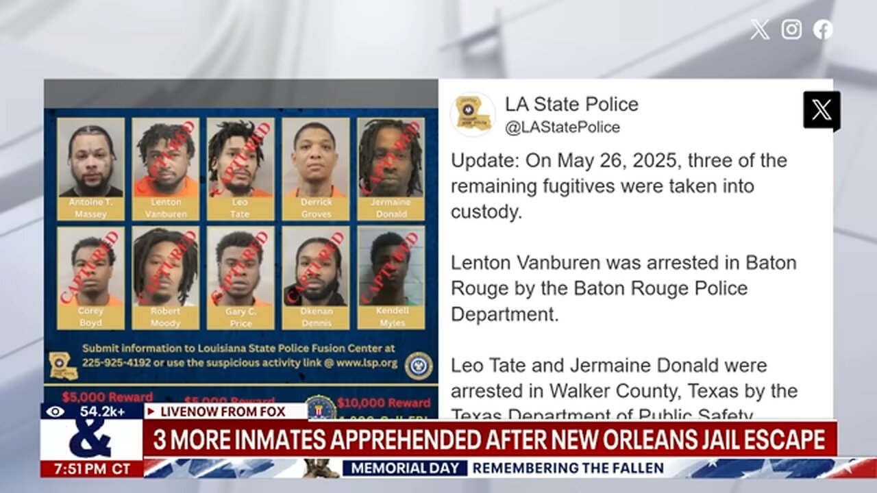 2 escaped New Orleans jail inmates still at large after 3 more brought back into custody today