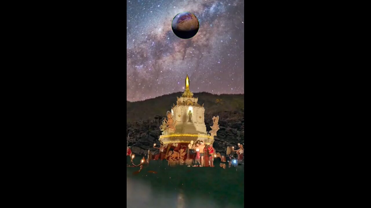 Planet falling on temple