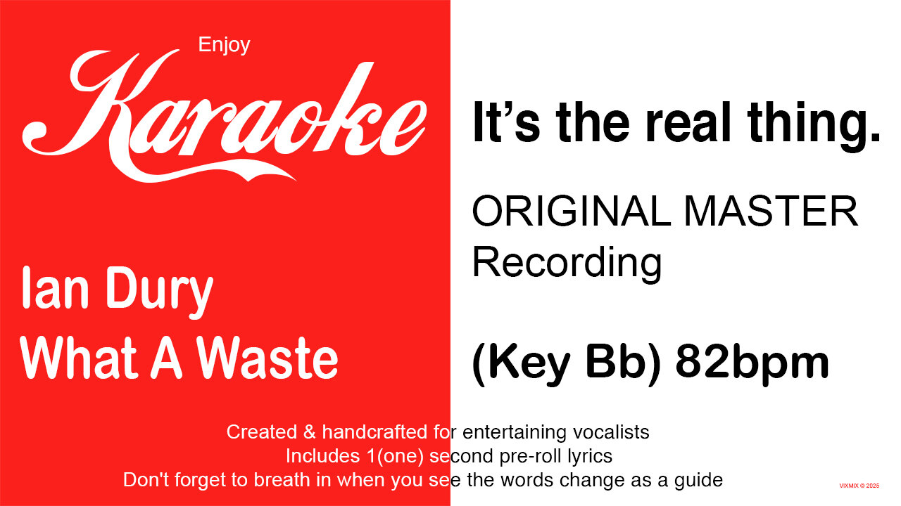 Ian Dury - What A Waste (Key Bb) 82bpm (2025) Karaoke