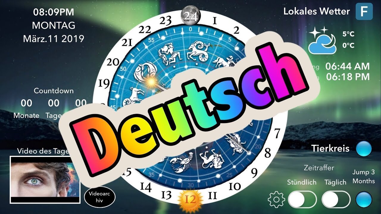 [11. März 2019] Die flache Erde, Sonne, Mond & Sternzeichen Uhr-App. GERMAN