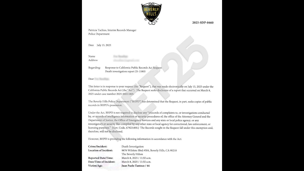 Beverly Hills Police Department only sending Letters instead of the Actual Police Report