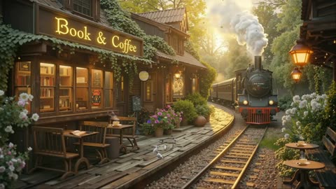 Relaxing Jazz ☕ Cozy Vintage Café Ambience | Peaceful Spring Morning & Nostalgic Train Vibes
