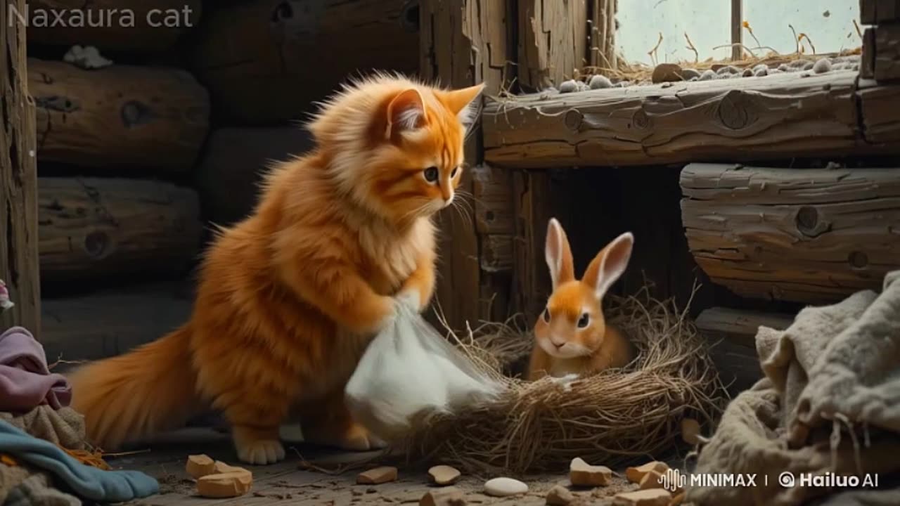 tabby cat protects rabbit from cold | unlikely animal friendship