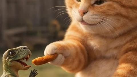 When a Giant Cat Meets a Tiny Dino 🧡🦖