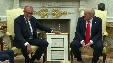 German Chancellor Friedrich Merz presents POTUS with gift
