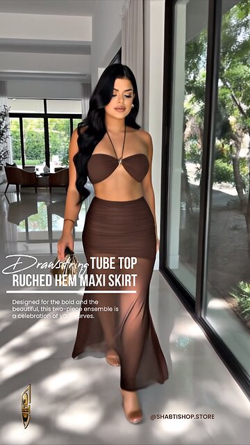 Drawstring Tube Top Fashion Bra + Ruched Mermaid Hem Maxi Skirt