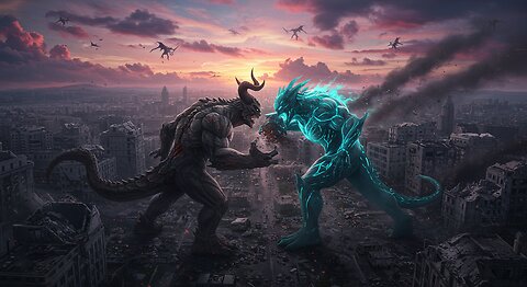 Epic Fantasy Battle: Colossal Titans Clash in Devastated City!