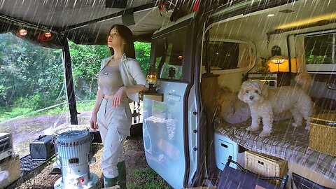 ☔️Cozy car camping in a small camper van in a forest awning tent with a water bomb pouring down
