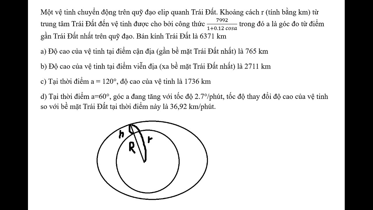 Toán 12: Một vệ tinh chuyển động trên quỹ đạo elip quanh Trái Đất. Khoảng cách r (tính bằng km)