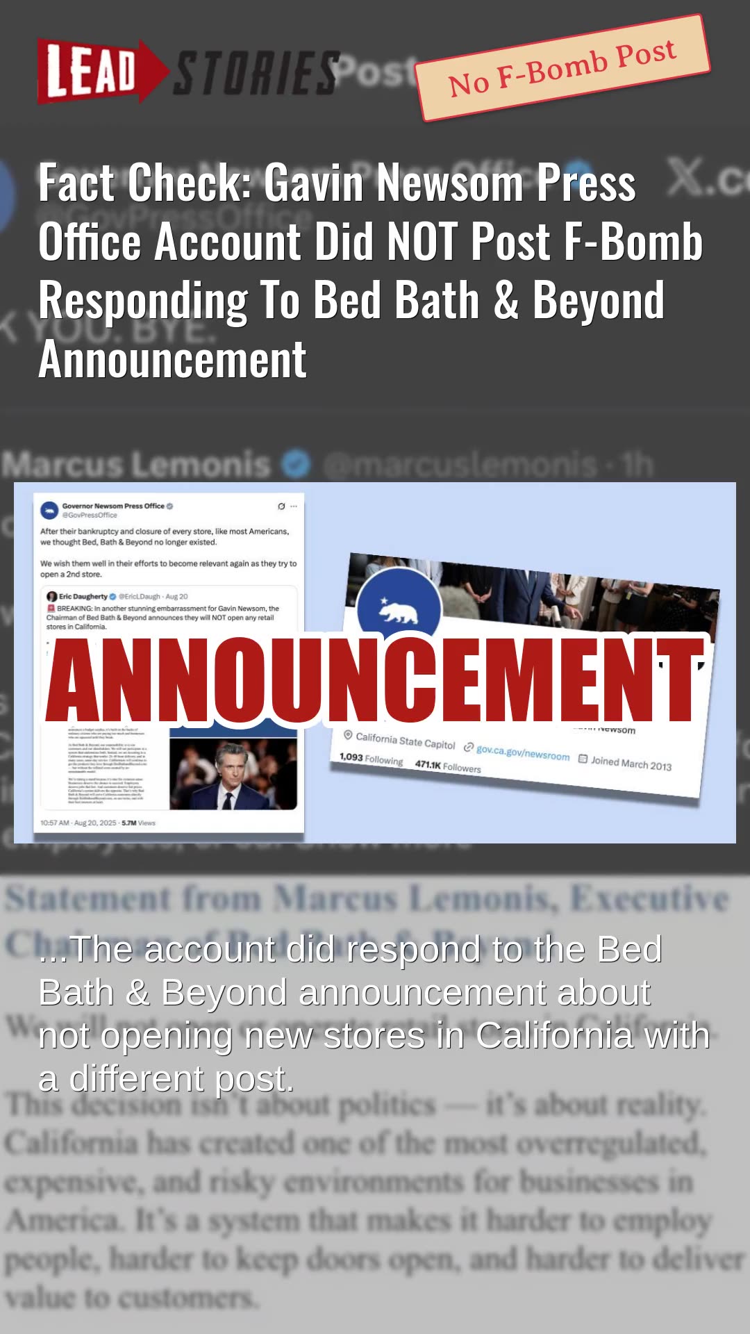 Fact Check: Gavin Newsom Press Office Account Did NOT Post F-Bomb Responding To Bed Bath & Beyond