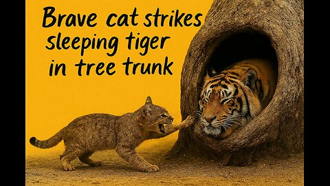 Brave Cat Strikes Sleeping Tiger in Tree Trunk