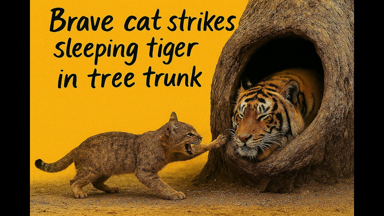Brave Cat Strikes Sleeping Tiger in Tree Trunk