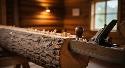 Transforming Rough Logs into Cabin Beams Rough logs are transformed into sturdy art