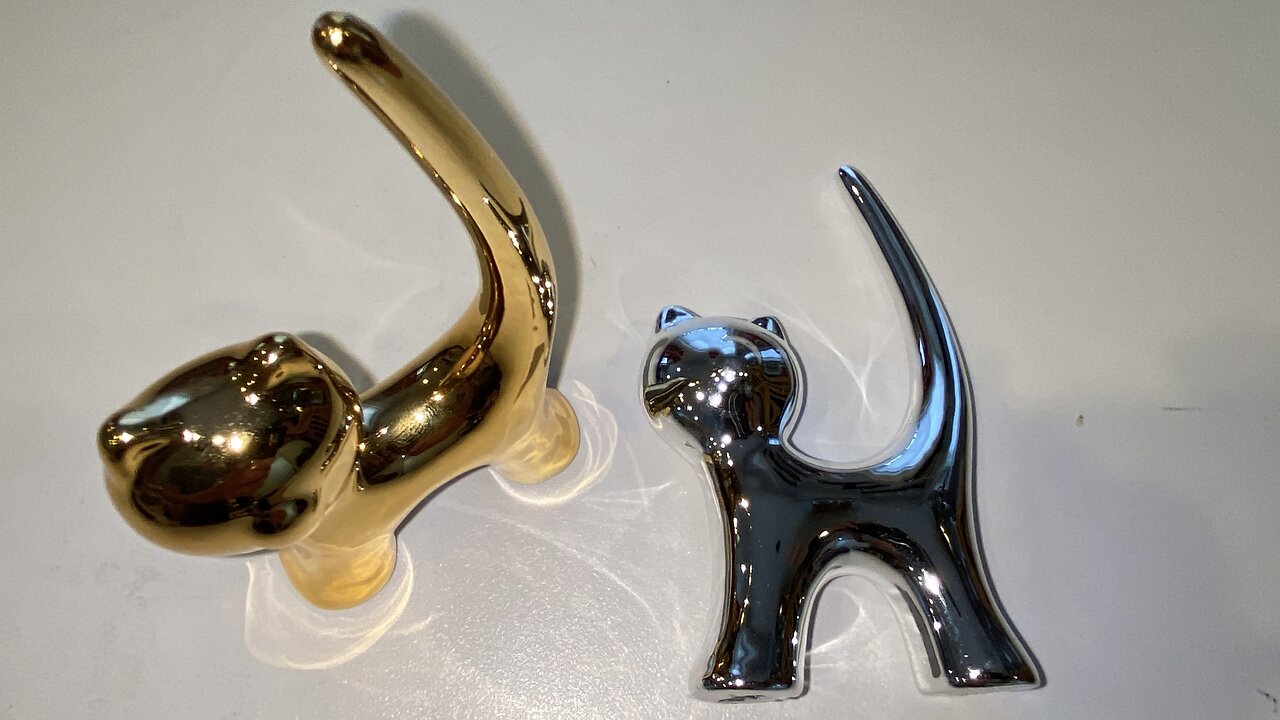 2Pcs Porcelain Cat Shape Display 2.3x1x4 inch Silver & Gold Ring Holder Trinket Jewelry Display
