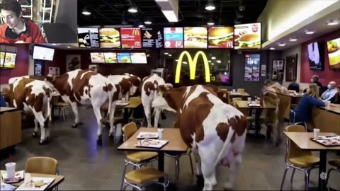 Over 5 Cows Roam Around A McDonald's Restaurant Fake Funny Parody Video With Live Commentary