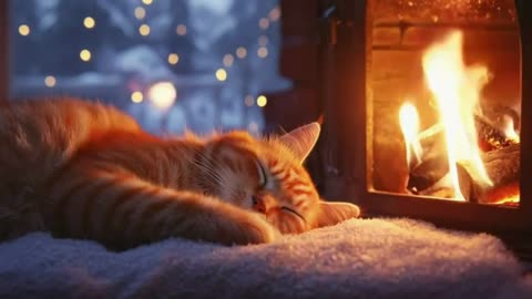 Cozy Winter Dreams ❄️🔥 | Sleeping Cat & Fireplace Ambience for Deep Relaxation & Sleep Sounds