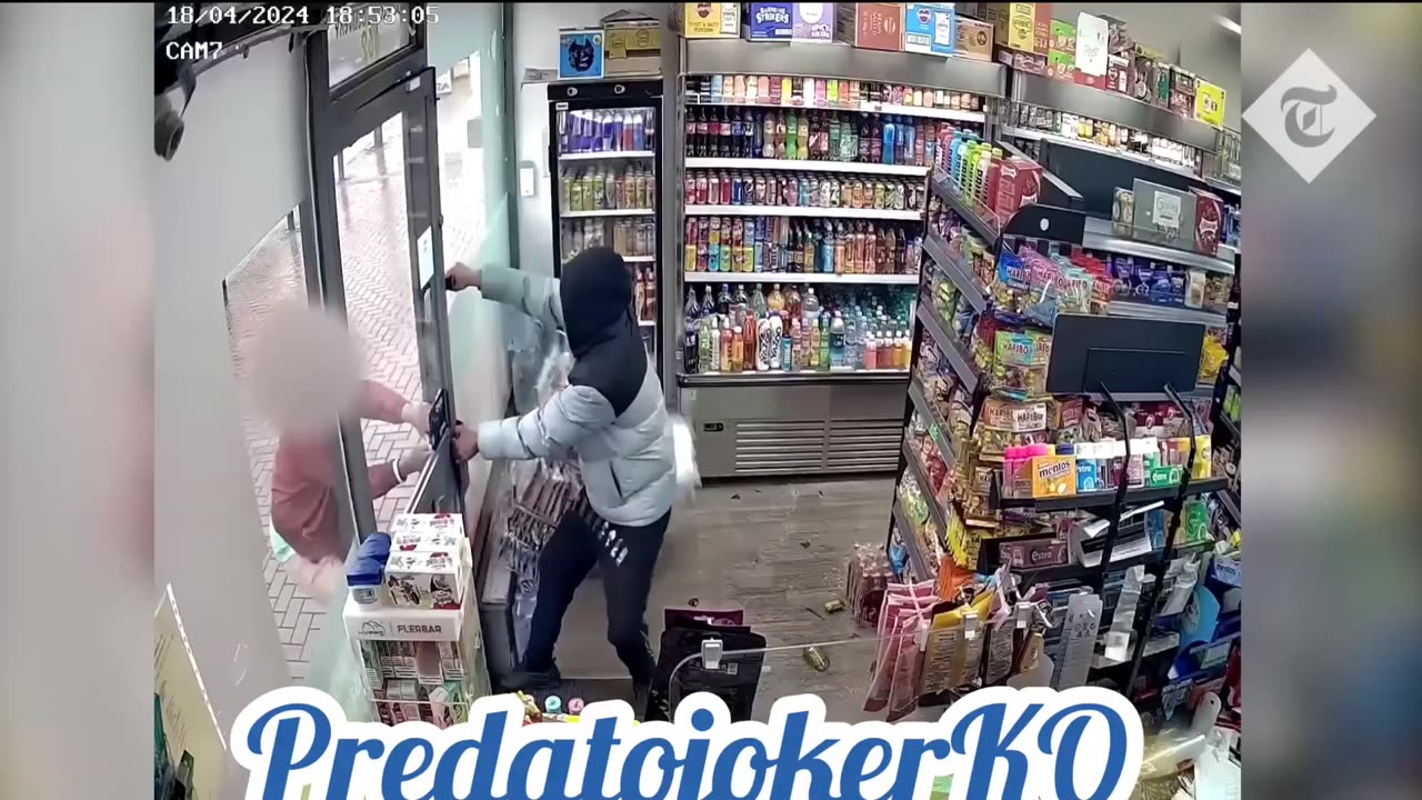 Moment have-a-go hero shopkeeper traps machete-wielding robbers inside shop